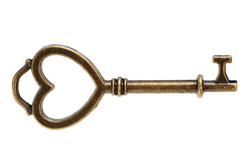 A single old brass key against a white background