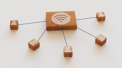 Wireless Technology Concept with wifi Symbol on a Wooden Block. User Network Connections are Represented with Blue string. White background. 3D Render.