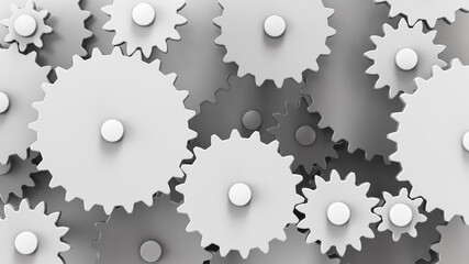 Gear mechanism close up. Many connected cogwheels.