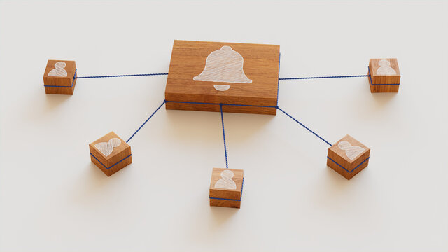 Alert Technology Concept with bell Symbol on a Wooden Block. User Network Connections are Represented with Blue string. White background. 3D Render.