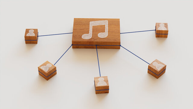 Audio Technology Concept with music Symbol on a Wooden Block. User Network Connections are Represented with Blue string. White background. 3D Render.
