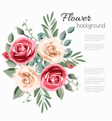 Abstract flower vintage background with colorful watercolor roses and leaves. Vector.