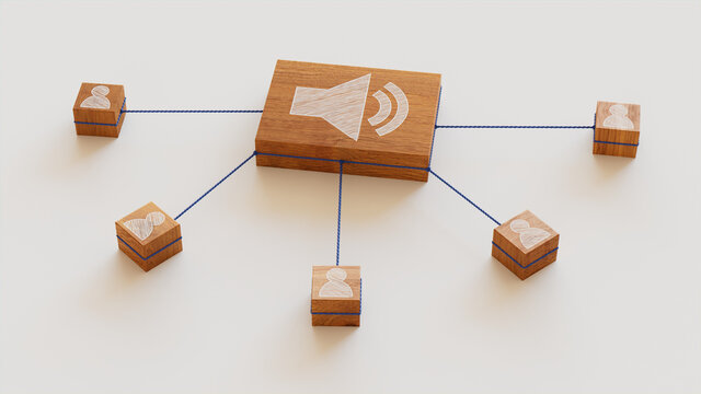 Sound Technology Concept with audio Symbol on a Wooden Block. User Network Connections are Represented with Blue string. White background. 3D Render.
