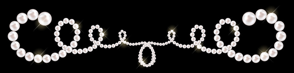 Vector pearl necklace on black background. Luxury accessory of shiny oyster beads. Chains of pearls forming an ornament of curls. Jewelry frame in vintage style. Vector illustration EPS10