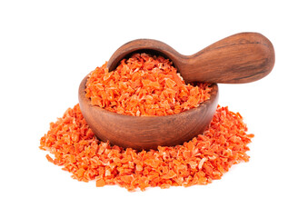 Dry carrot in wooden bowl and spoon, isolated on the white background. Chopped dried carrot. Spices and herbs.