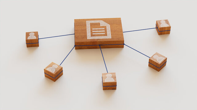 Word document Technology Concept with document Symbol on a Wooden Block. User Network Connections are Represented with Blue string. White background. 3D Render.