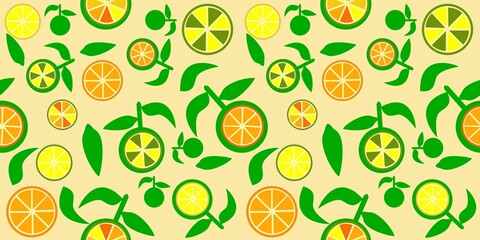 Bright repeating pattern of images of multi-colored circles of citrus fruits on a yellow background for printing on textiles, paper, baby clothes and toys