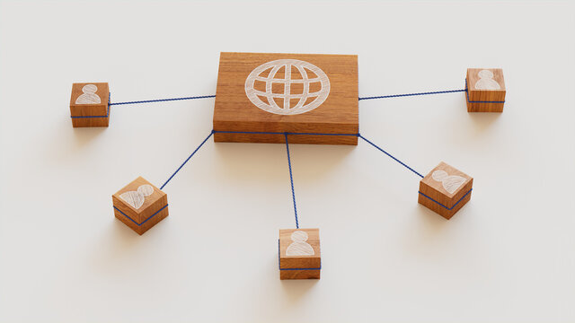 Internet Technology Concept with web Symbol on a Wooden Block. User Network Connections are Represented with Blue string. White background. 3D Render.