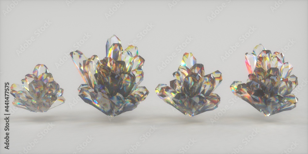 Poster a set of crystals demonstrating the effect of light scattering and dispersion. 3d illustration.