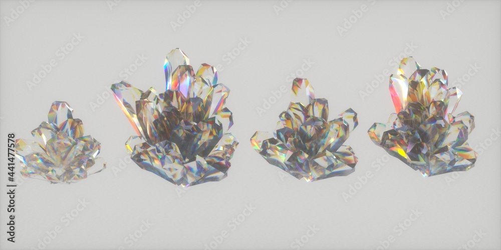 Poster a set of crystals demonstrating the effect of light scattering and dispersion. 3d illustration.