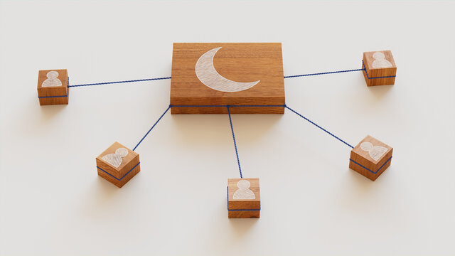 Night mode Technology Concept with moon Symbol on a Wooden Block. User Network Connections are Represented with Blue string. White background. 3D Render.