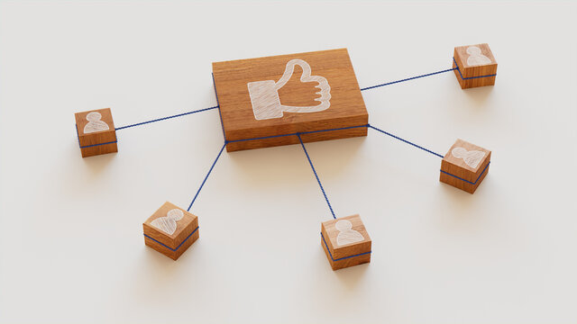 Social Media Technology Concept with like Symbol on a Wooden Block. User Network Connections are Represented with Blue string. White background. 3D Render.