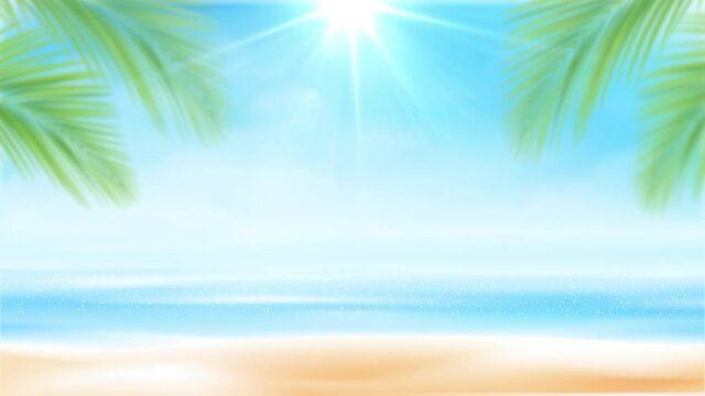 Abstract background simple animation for summer vacation, blank circle frame with summer element, palm leaf on the beach and sea against the blue sky, with copy space