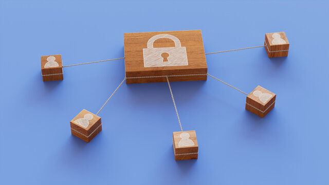 Security Technology Concept with lock Symbol on a Wooden Block. User Network Connections are Represented with White string. Blue background. 3D Render.