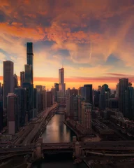 Fotobehang Aerial Cityscape of Downtown Chicago and Chicago River at Sunset Dusk © Ionel