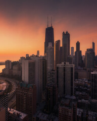 Fototapeta na wymiar Chicago Sunrise Aerial Drone View of Downtown with Skyscrapers