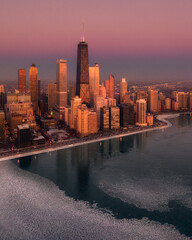 Skyline Aerial View of Downtown Chicago from Lake Michigan in the Winter at Sunrise 