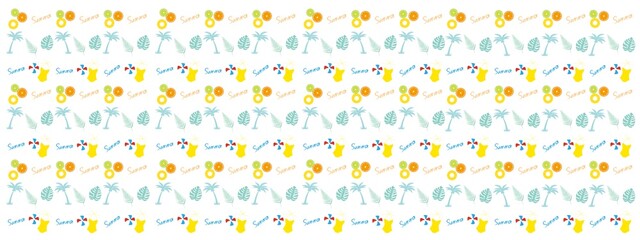 Summer tropical pattern illustration, Summer fruits, swimsuits, tropical threes, beach balls icon. Summer decorative background. Vector illustration.