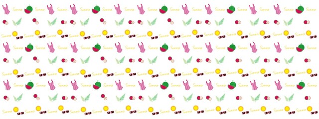 Summer pattern. Summer decorative colorful illustration. Beach concept summer wallpaper, sunglasses, sunny, Swimsuits, watermelon, tropical leaves icons. Vector illustration.