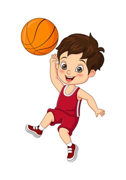 Cartoon funny little boy playing basketball