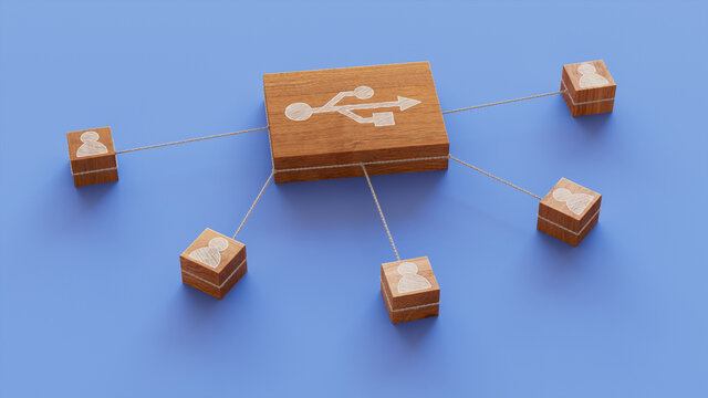 Interface Technology Concept with usb Symbol on a Wooden Block. User Network Connections are Represented with White string. Blue background. 3D Render.