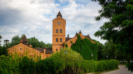 Obraz premium Ancient castle with towers among green trees
