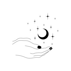 Dłonie z czarnymi paznokciami trzymające półksiężyc. Mistyczny gest w minimalistycznym stylu z księżycem i gwiazdami. Ezoteryczne elementy do logo, na kartki ślubne, tatuaż. Ilustracja wektorowa.