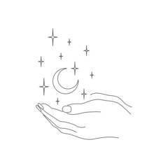 Ręce trzymające półksiężyc. Mistyczny gest w minimalistycznym stylu z księżycem i gwiazdami. Ezoteryczne elementy do wykorzystania do logo, na kartki ślubne, tatuaż. Ilustracja wektorowa w stylu boho. - obrazy, fototapety, plakaty
