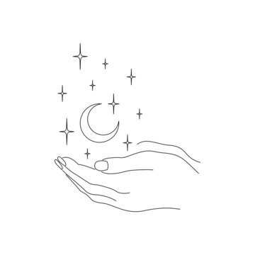 Fototapeta Ręce trzymające półksiężyc. Mistyczny gest w minimalistycznym stylu z księżycem i gwiazdami. Ezoteryczne elementy do wykorzystania do logo, na kartki ślubne, tatuaż. Ilustracja wektorowa w stylu boho.