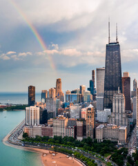 Chicago aerial view with rainbow