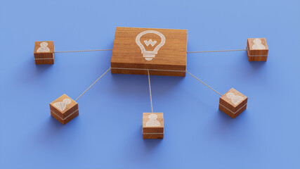 Innovation Technology Concept with lightbulb Symbol on a Wooden Block. User Network Connections are Represented with White string. Blue background. 3D Render.
