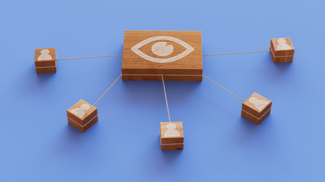 Vision Technology Concept with eye Symbol on a Wooden Block. User Network Connections are Represented with White string. Blue background. 3D Render.