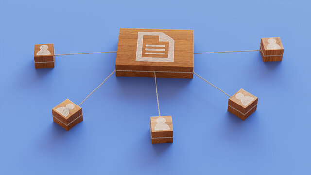 Word document Technology Concept with document Symbol on a Wooden Block. User Network Connections are Represented with White string. Blue background. 3D Render.