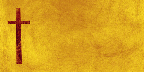 dark red textured cross with scratched yellow canvas with copy space, worship slide background