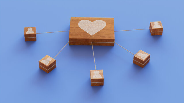 Love Technology Concept with heart Symbol on a Wooden Block. User Network Connections are Represented with White string. Blue background. 3D Render.