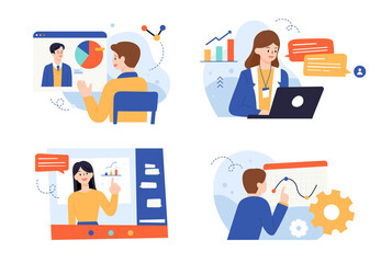 Business people and design decorations around them. flat design style minimal vector illustration.