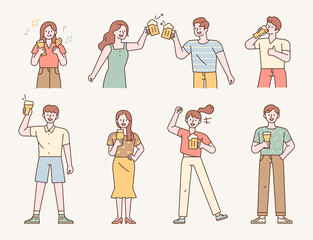 A collection of many people characters drinking beer. flat design style minimal vector illustration.