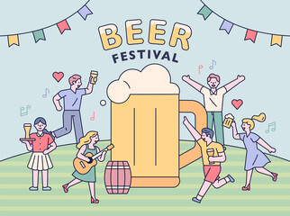 Beer festival poster. People are having fun drinking beer and partying around huge beer mugs. flat design style minimal vector illustration.
