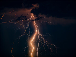 There are many lightning bolts against the black sky. Night photo of a thunderstorm on a long...