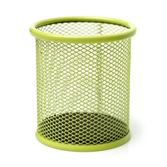 metal pen pot on white background