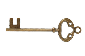 old brass key against a white background