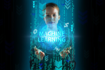 Business, Technology, Internet and network concept. Young businessman working on a virtual screen of the future and sees the inscription: Machine learning