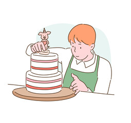 A man is putting decorations on the cake. hand drawn style vector design illustrations. 