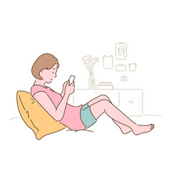Obraz premium A woman is sitting on her bed and looking at her phone. hand drawn style vector design illustrations. 