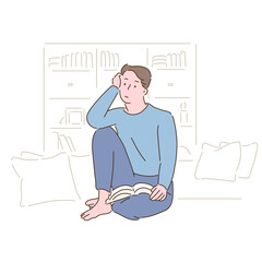 A man is reading a book and looking bored. hand drawn style vector design illustrations. 