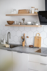 Empty modern kitchen interior white cosiness apartment cuisine design domestic furniture equipment