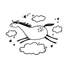 Doodle cute unicorn. Hand drawn sketch style. Simple black and white color unicorn vector illustration.