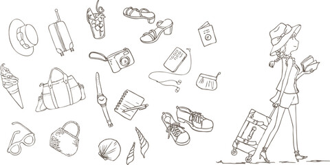 旅する女性と旅の線画イラストセット