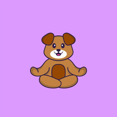 Cute dog is meditating or doing yoga. Animal cartoon concept isolated. Can used for t-shirt, greeting card, invitation card or mascot. Flat Cartoon Style