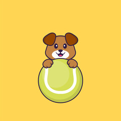 Cute dog playing tennis. Animal cartoon concept isolated. Can used for t-shirt, greeting card, invitation card or mascot. Flat Cartoon Style